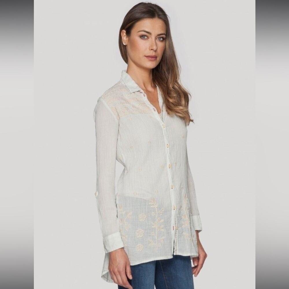 3J Workshop Johnny Was Deena Roll Up Sleeve Tunic Blouse Top Shirt White - XS